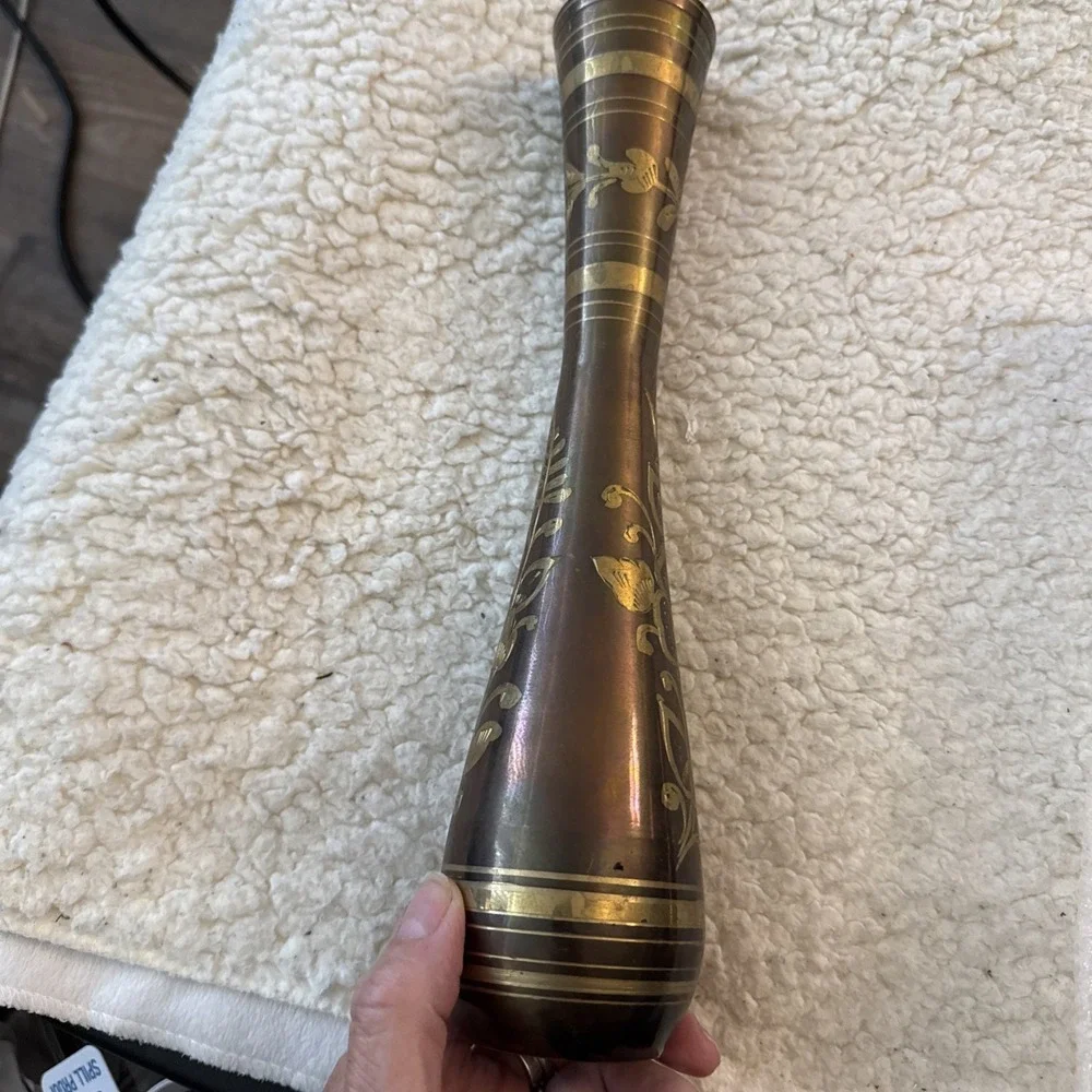 Etched Brass Vase Floral Engraved Vintage Ornate Fluted Boho 11.5
